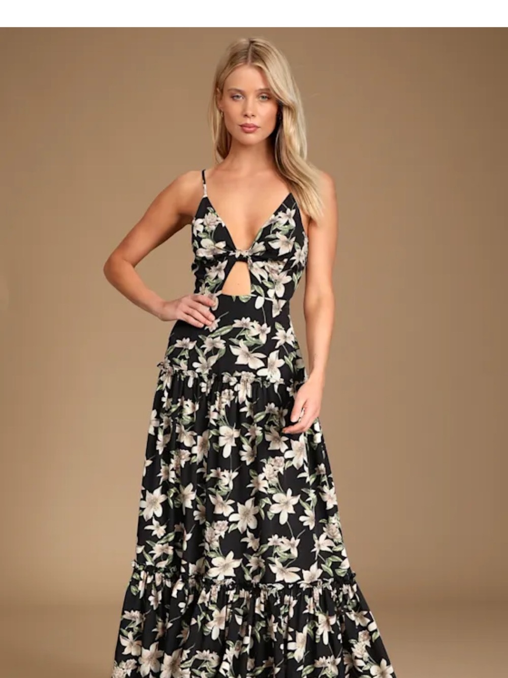 Lulu's Black Floral Maxi Dress with Front Cutout